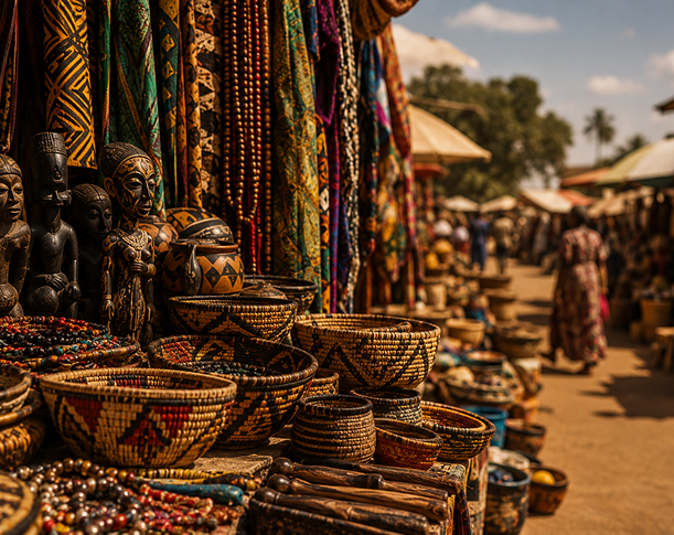 African market with crafts and textiles